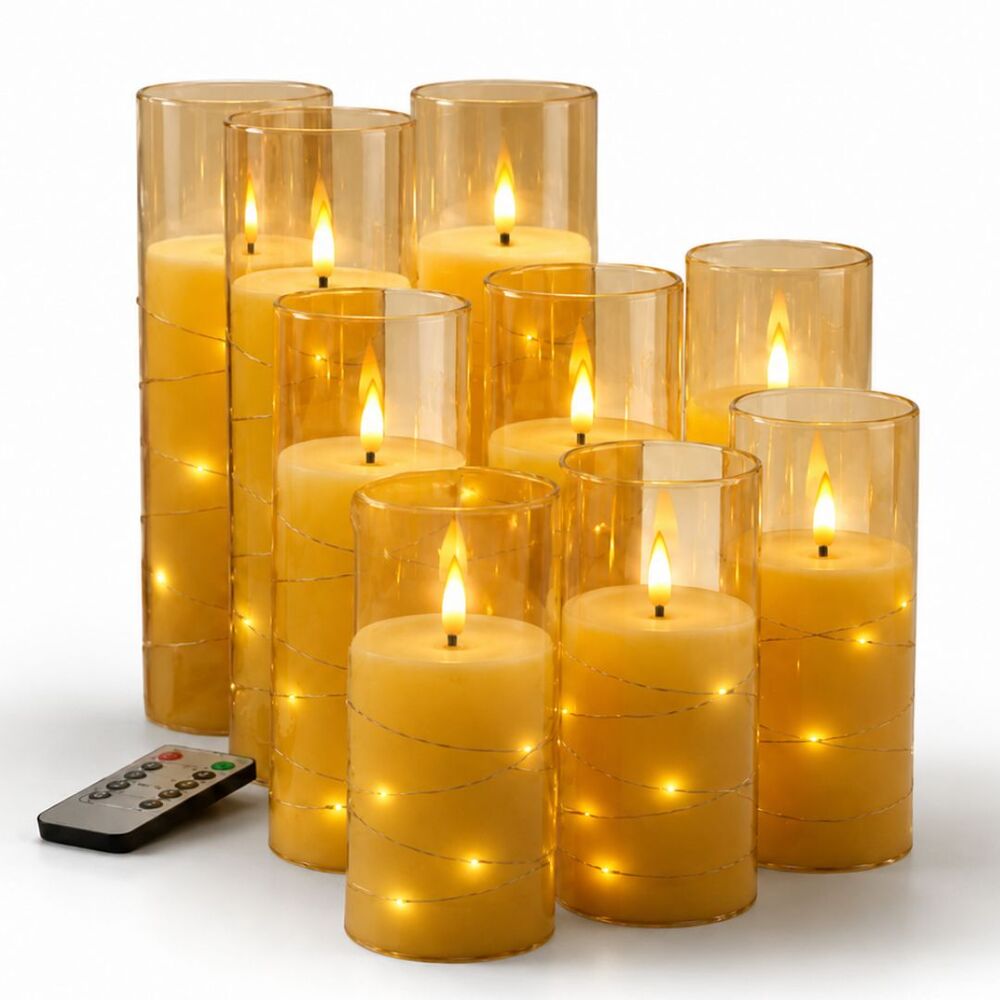 Flickering Flameless LED Pillar Candles 9 Pcs Embedded Star String Remote NIB
